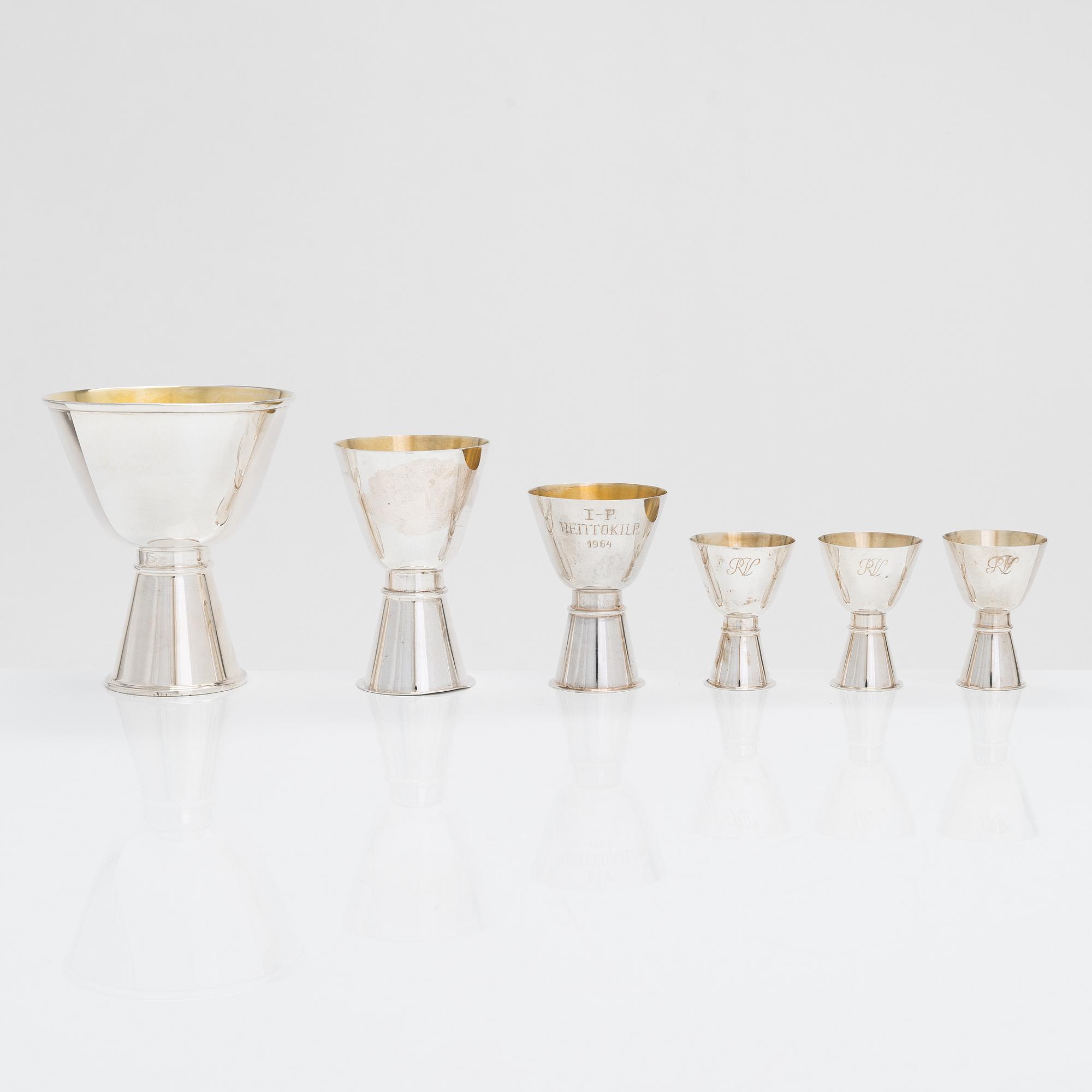 Tapio Wirkkala, pikareita, 6 kpl, hopeaa, TW 329, Kultakeskus, Hämeenlinna 1960-70-luku.