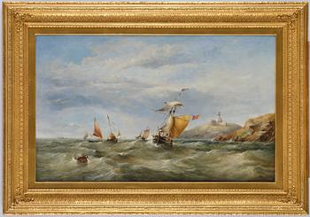 James Edwin Meadows, Sailing boats in rough weather by the coast with a lighthouse.