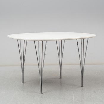 BRUNO MATHSSON & PIET HEIN, and ARNE JACOBSEN, a 'Supercirkel' table and two 'Myran' chairs, from Fritz Hansen.