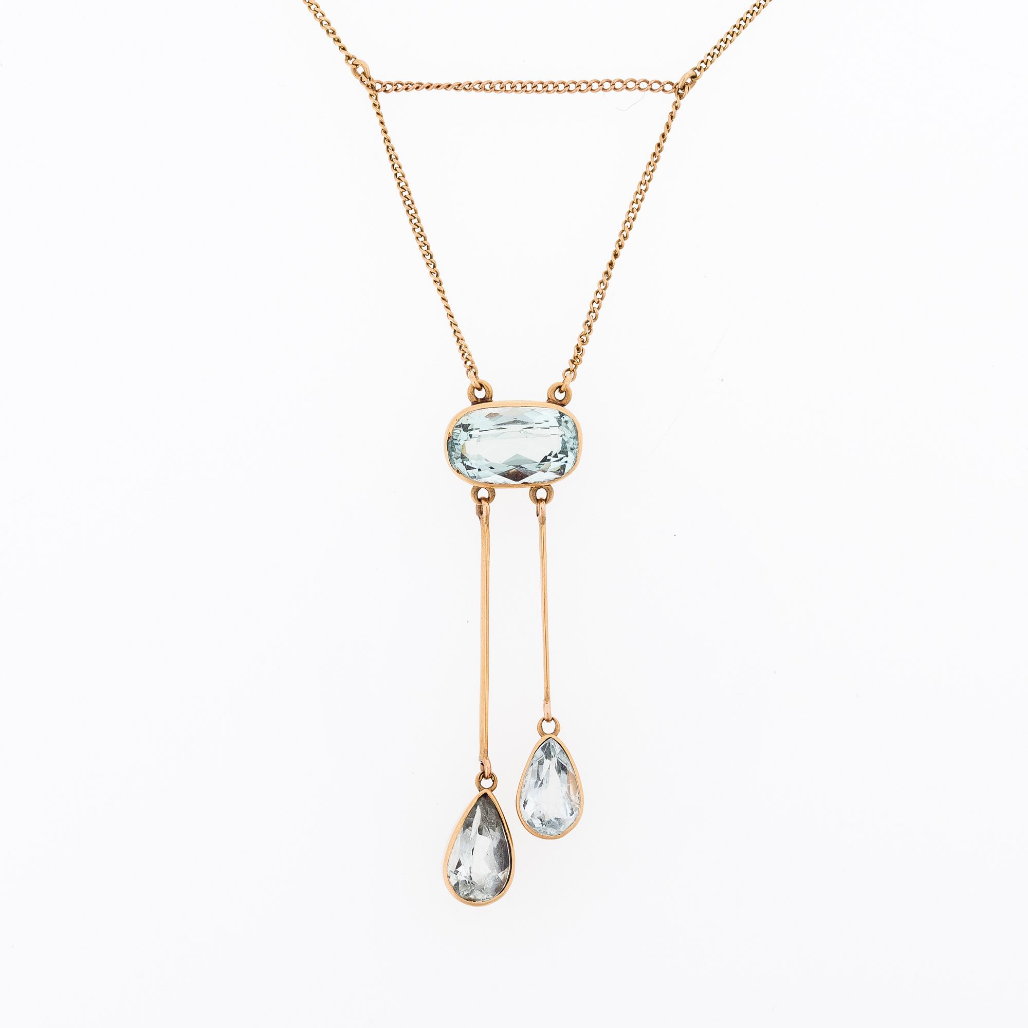 HALSSMYCKE, fasettslipade akvamariner, 14K guld. Hugo Grün, Helsingfors.