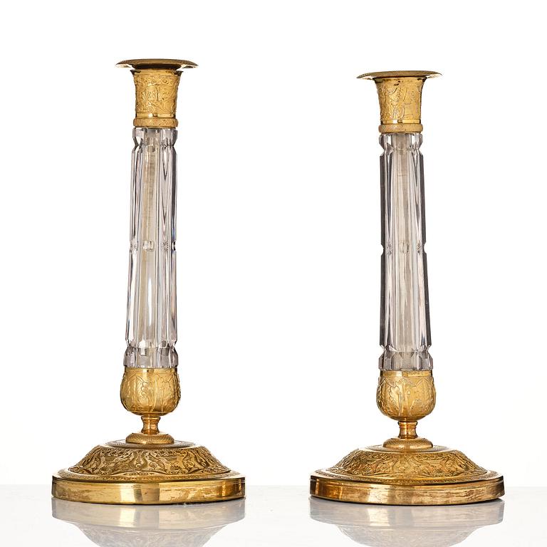 A pair of Russian ormolu and cut-glass Empire candlesticks, presumably St Petersburg, ca 1820.