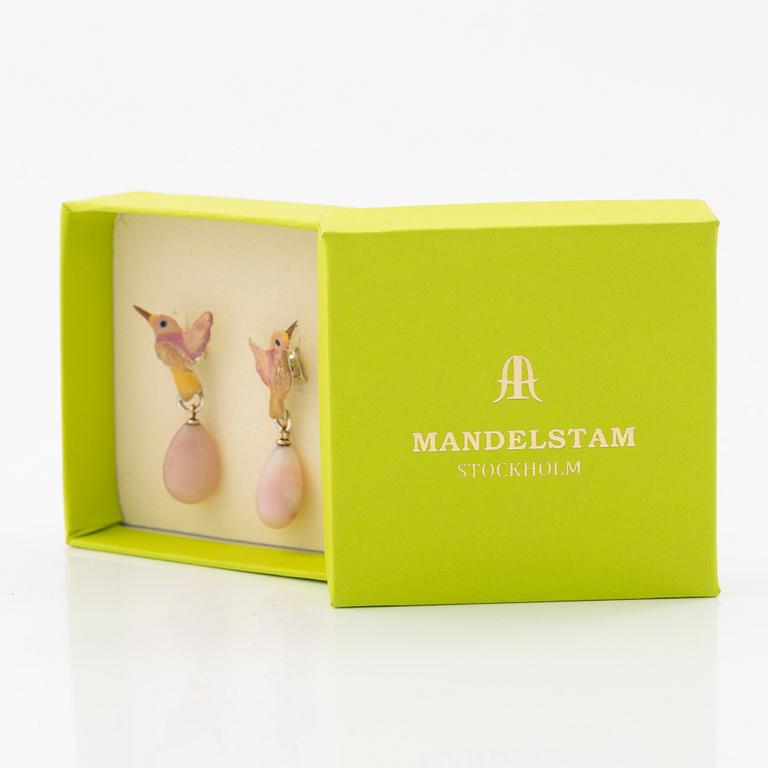 Earrings, silver, gold and enamel in the form of a hummingbird with pink opal, Mandelstam.