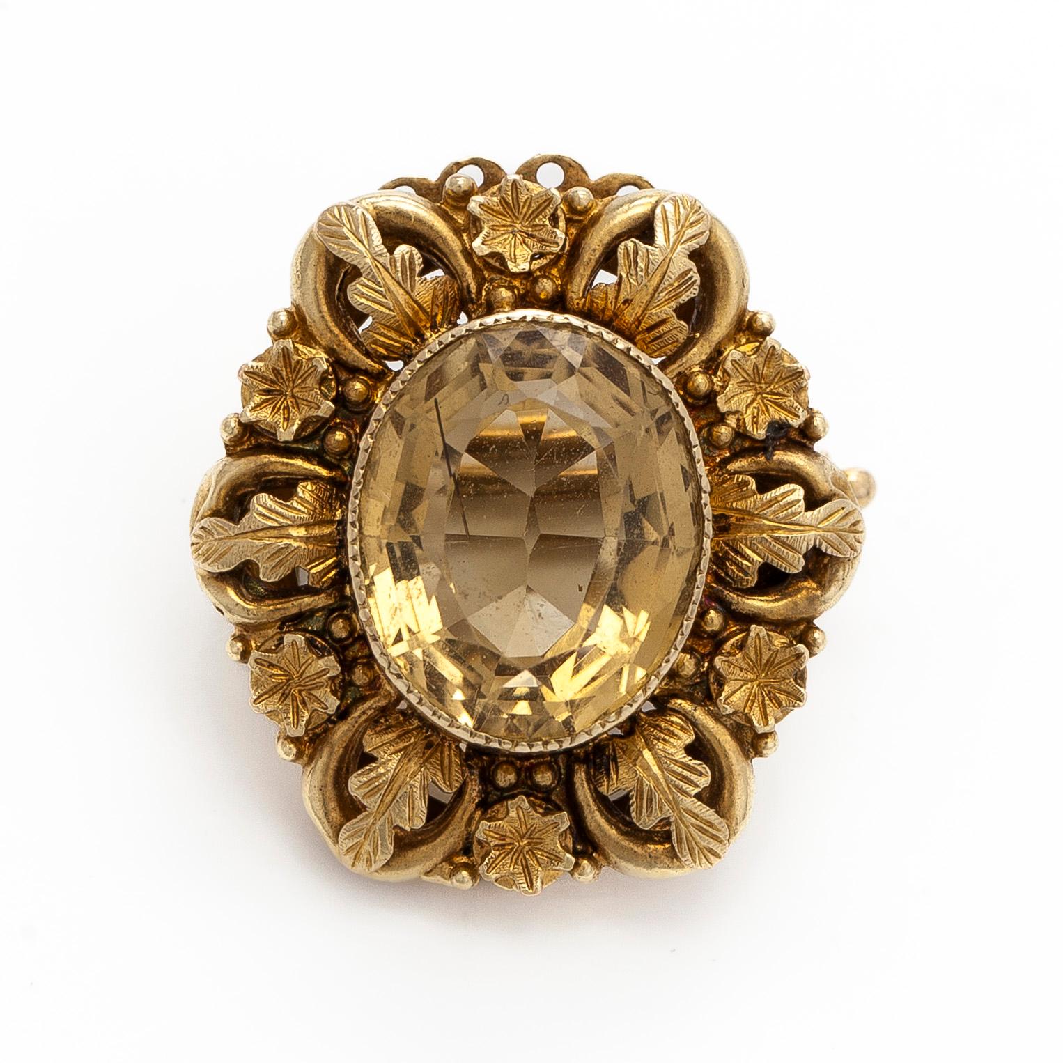 Rintakoru, viistehiottu sitriini, 18K kultaa, 1800-luvun puoliväli.