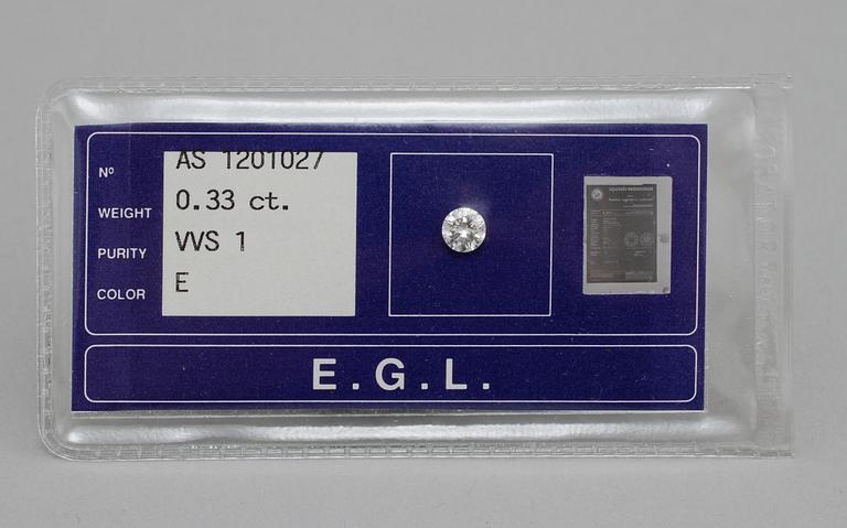 BRILJANTSLIPAD DIAMANT, oinfattad, 0.33 ct, certifikat daterat 2001.
