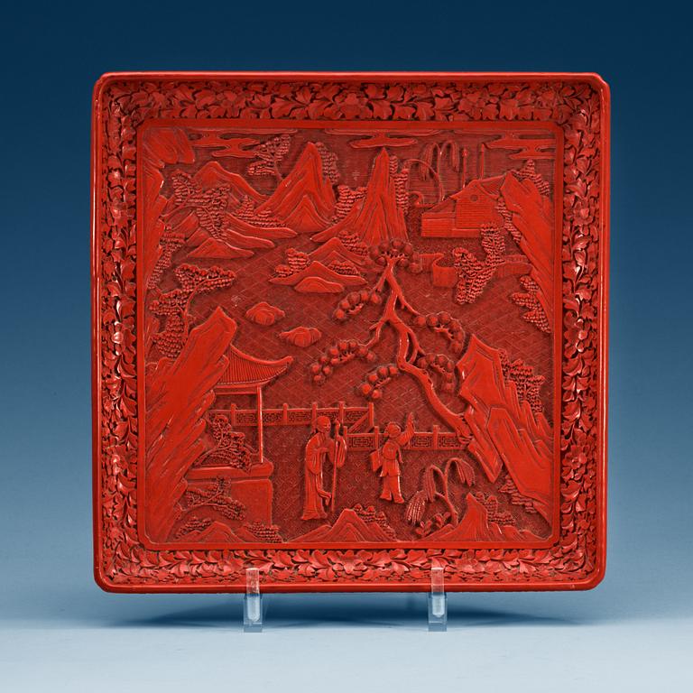 A square red lacquer tray, Qing dynasty (1644-1912).