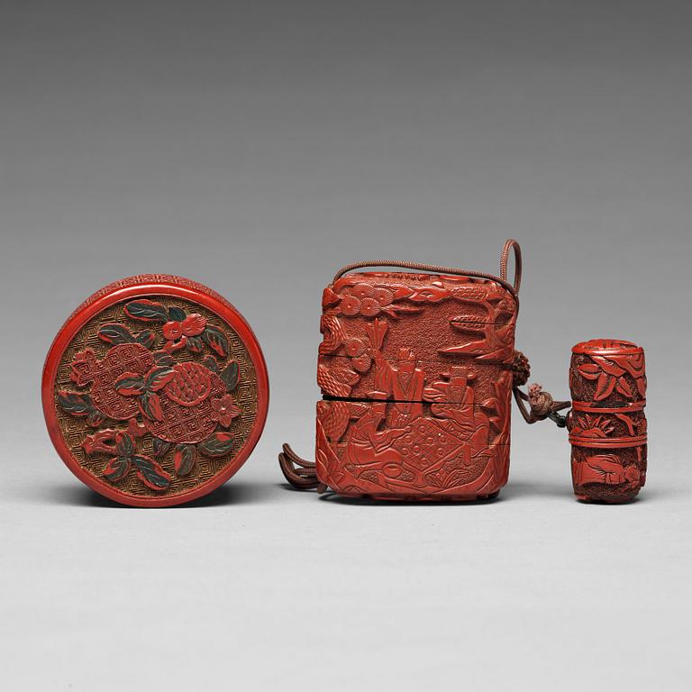 A Chinese lacquered box with cover, late Ming/early Qing, and a Japanese lacquered inro, Meiji period (1892-1912).