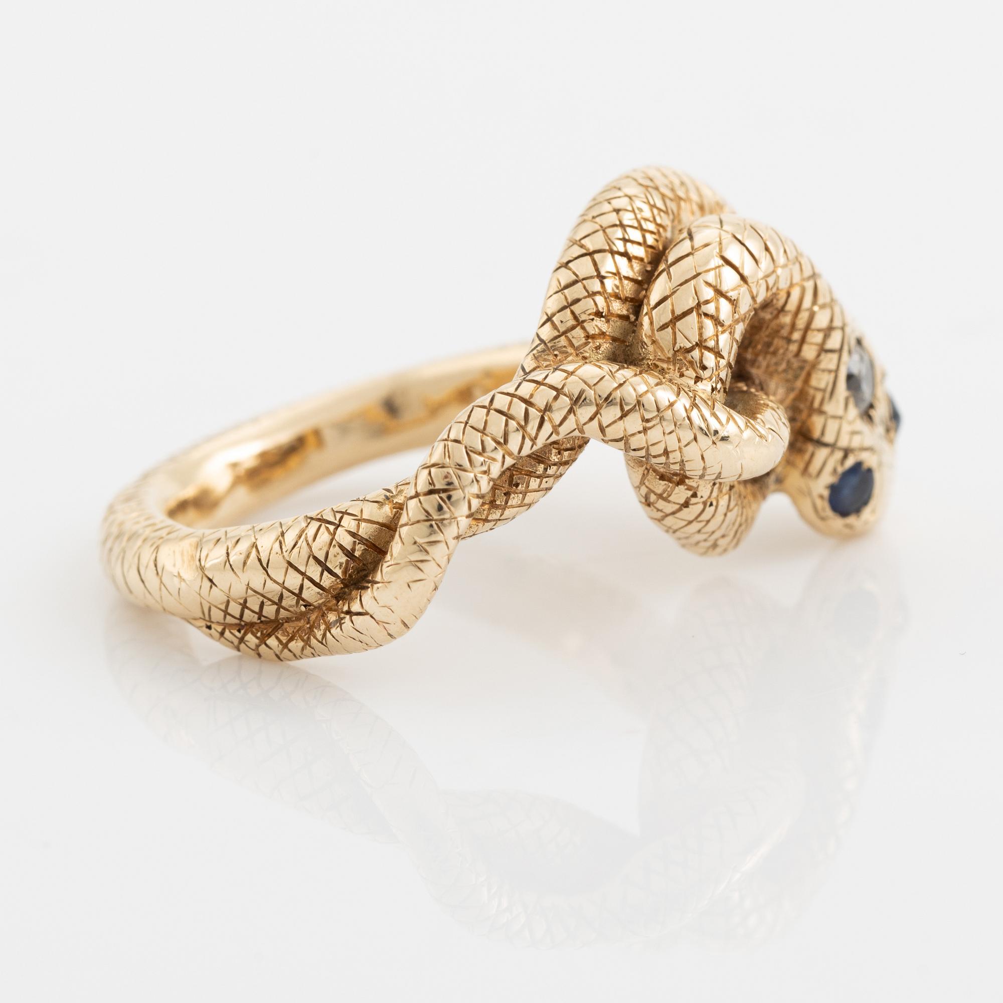 Brilliant cut diamond and sapphire serpent ring, 1800's.