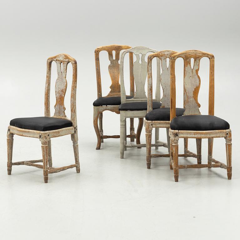 A set of five similar chairs, late 18th century.