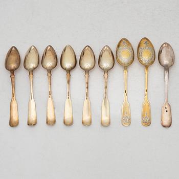Nine Russian silver spoons, including St Petersburg 1828.
