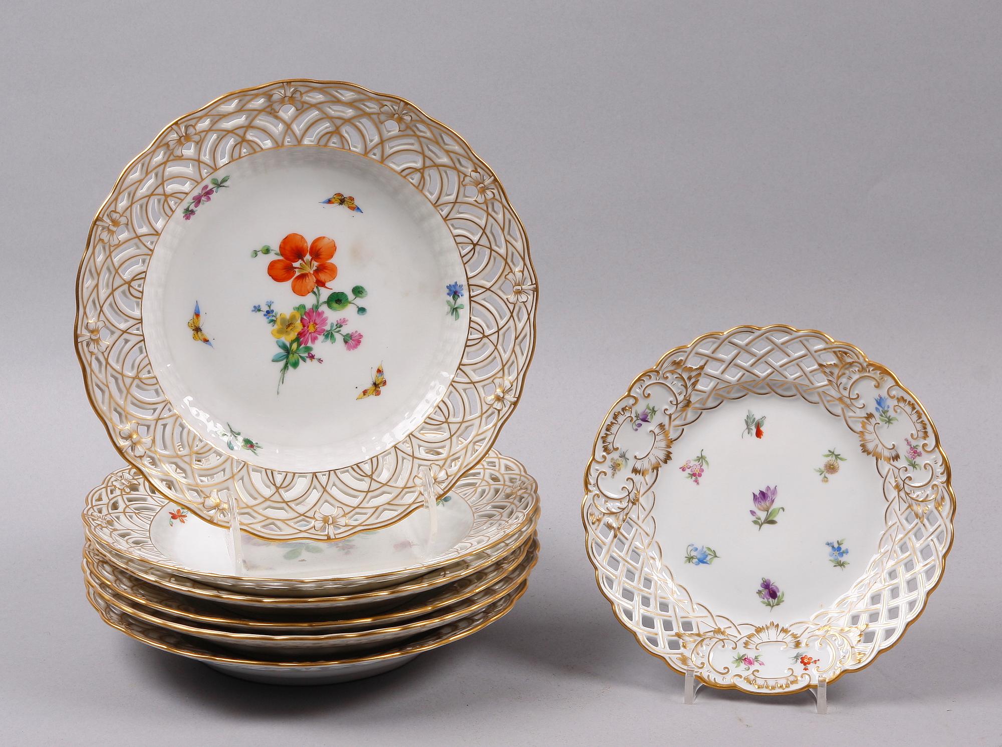 ASSIETTER, 6+1, porslin, mest Berlin, omkring 1900.