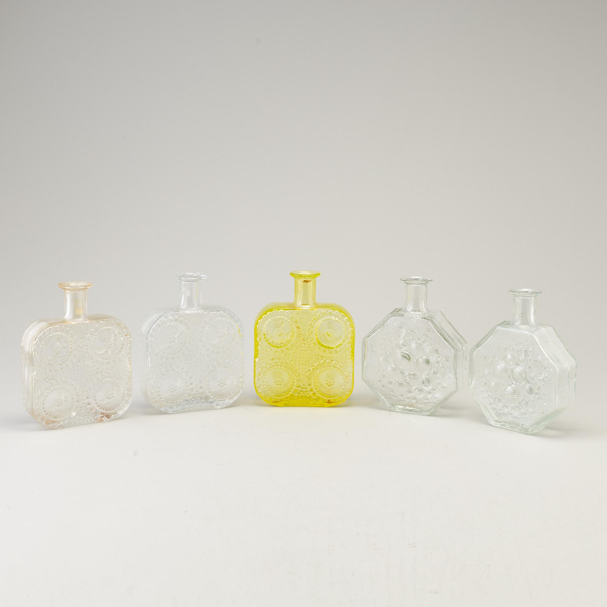 NANNY STILL, five glass bottles, 'Stella polaris' and 'Grapponia', Riihimäen Lasi, Finland.