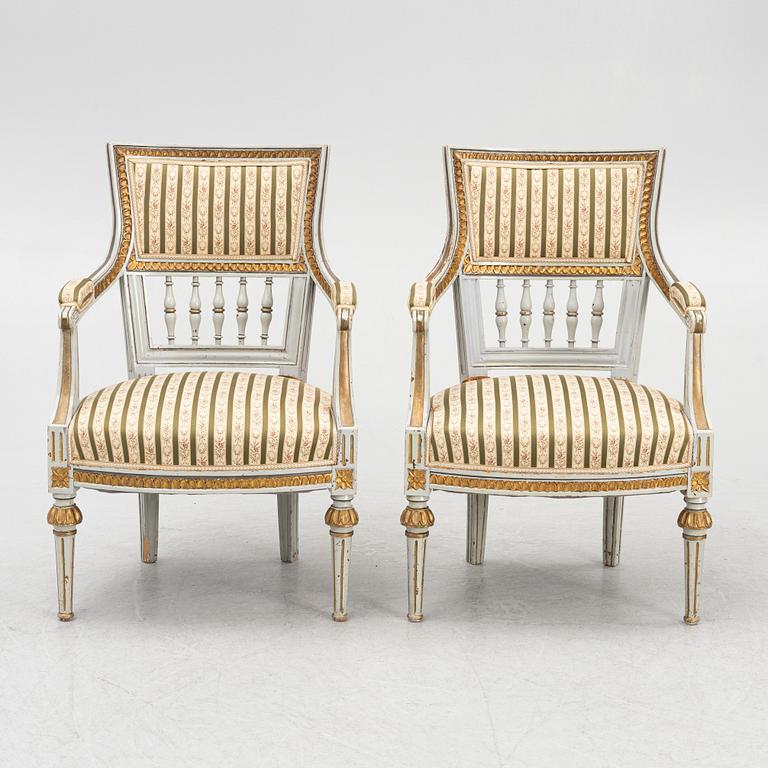 A pair of Gustavian style armchairs, 19th century.