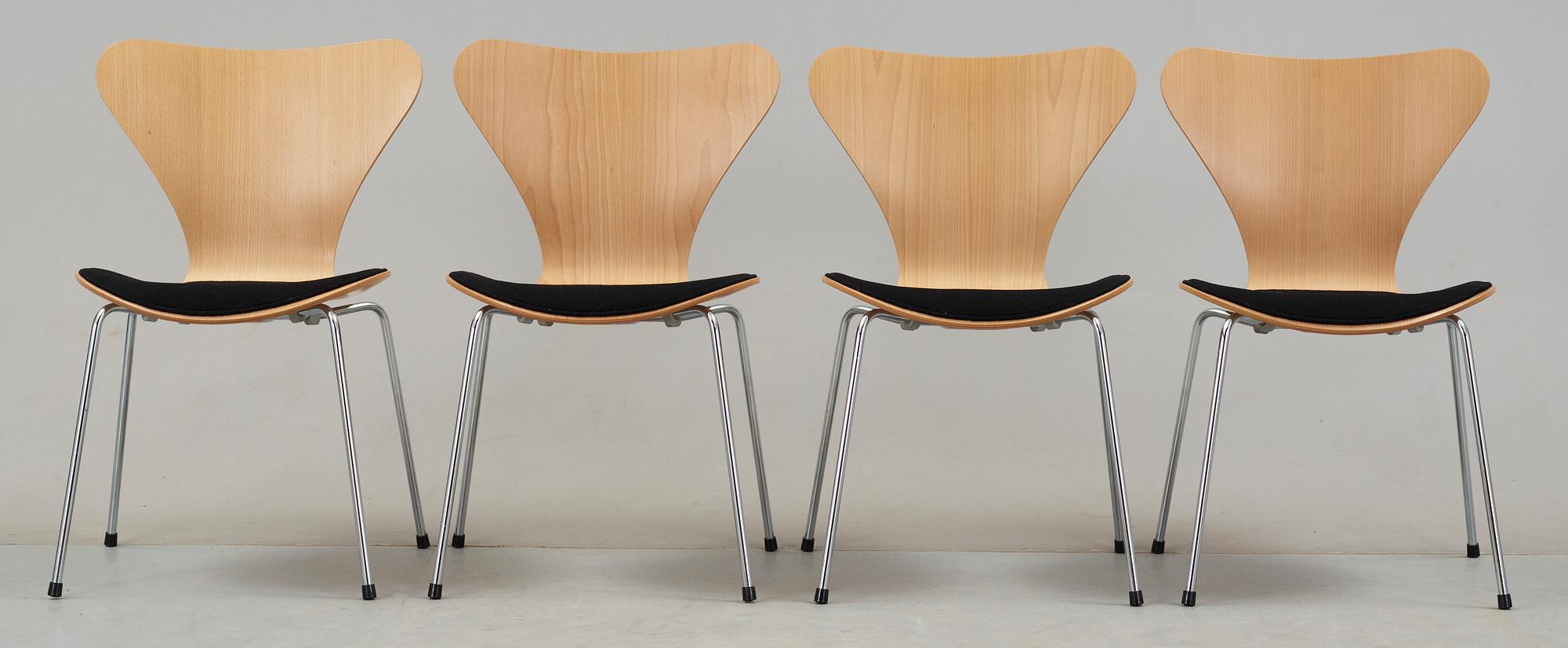 STOLAR, 4st, "Sjuan", Arne Jacobsen, Fritz Hansen, ettikettmärkta 1993.