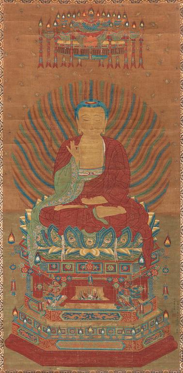 RULLMÅLNING, troligen 1700-tal eller äldre. Shakyamuni Buddha.