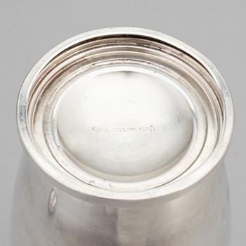A silver plated shaker, C.G. Hallberg and a set of twelwe cocktail glasses, GAB, second half of the 20th Century.