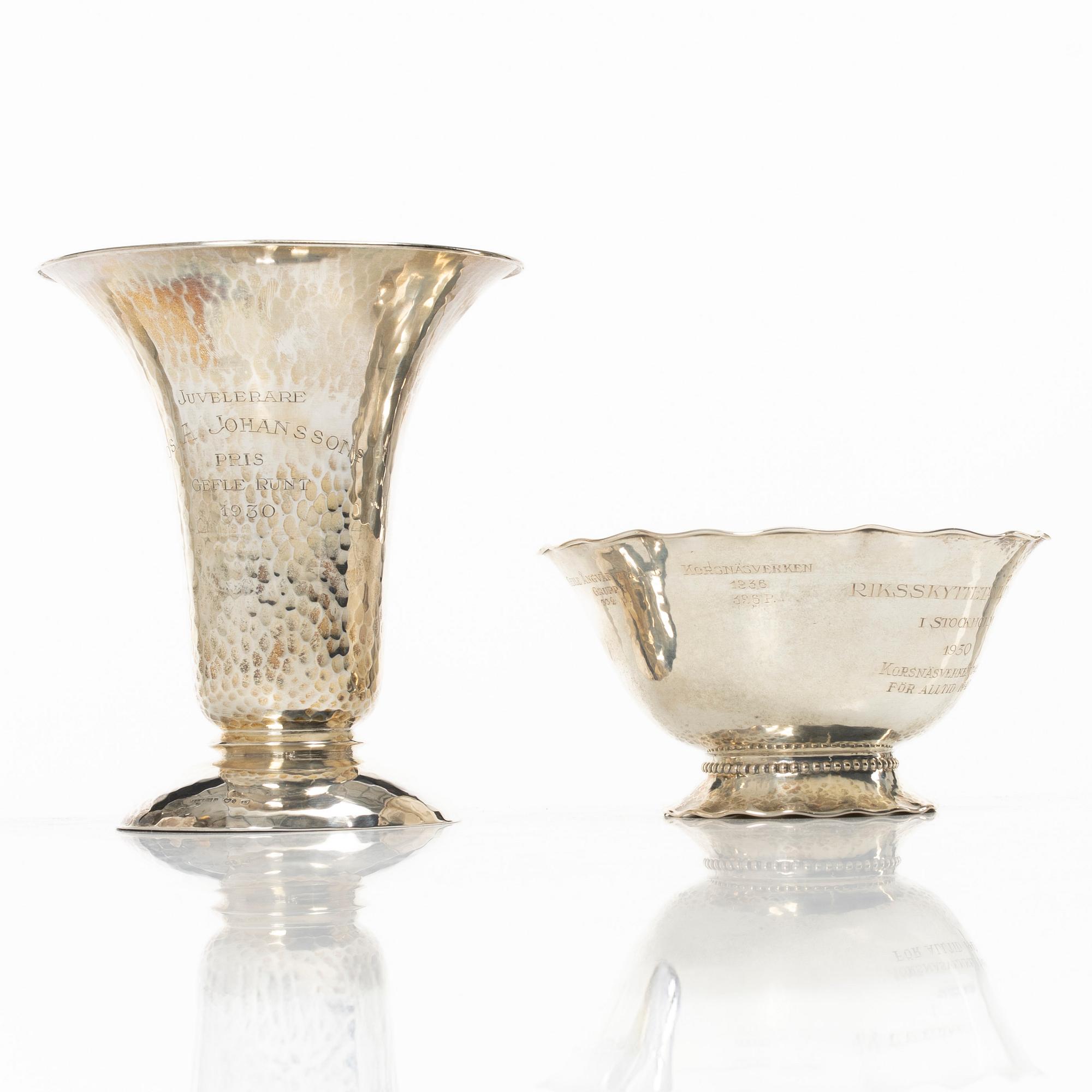 Bowl and vase, silver, GAB, Stockholm 1929, respectively Markström, Uppsala 1925.