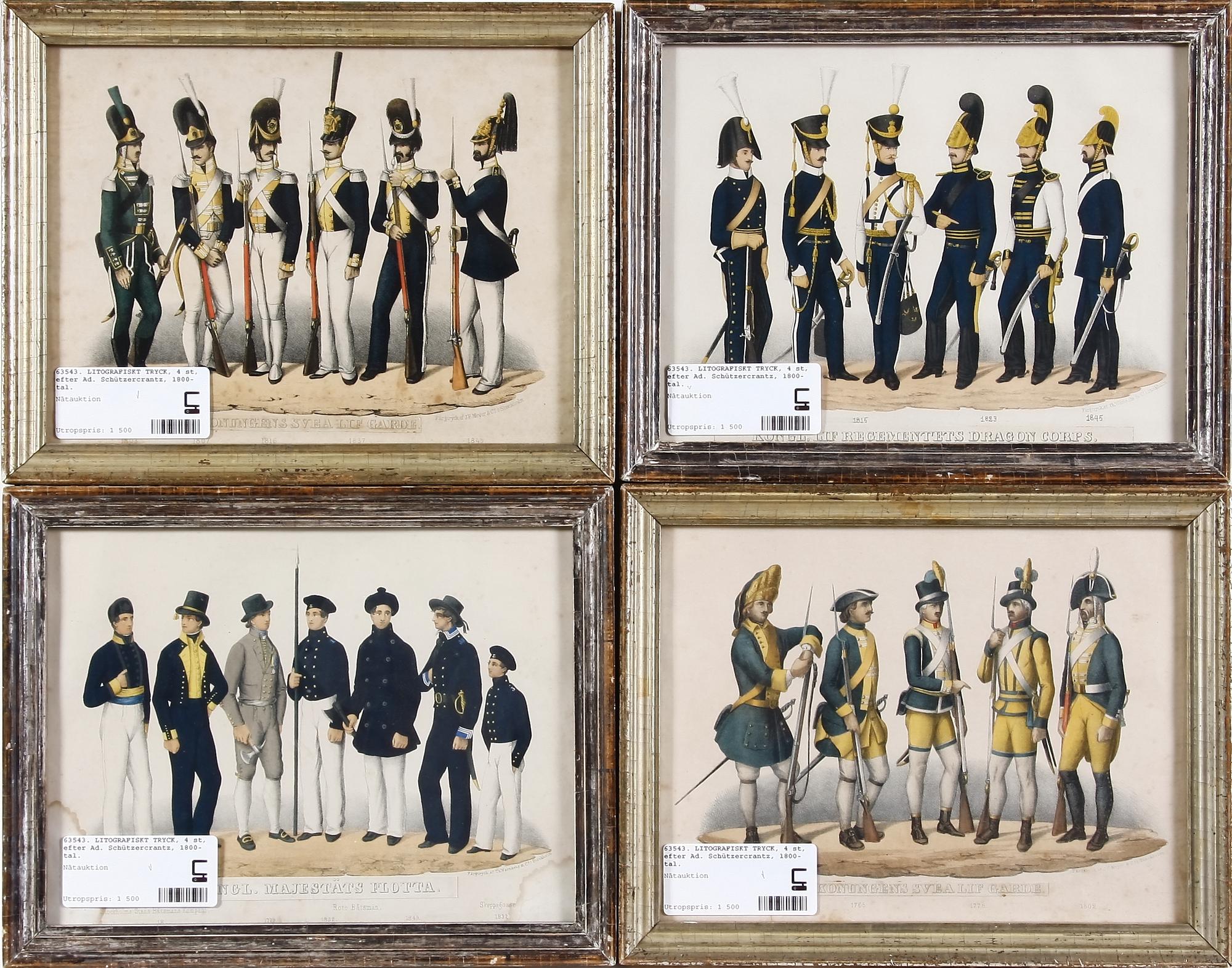 LITOGRAFISKT TRYCK, 4 st, efter Ad. Schützercrantz, 1800-tal.