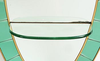 Italian designer, a wall mirror, 1950-60's. Emerald green tinted glass and brass frame.