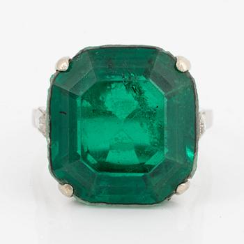 Ring, cocktail ring, platinum with synthetic emerald and baguette-cut diamonds, probably circa 1960s.