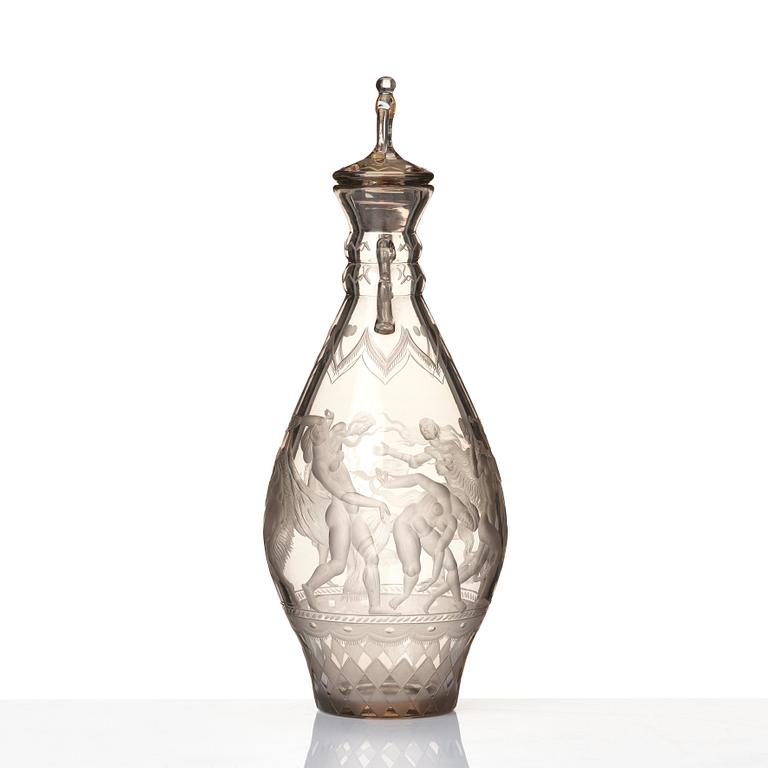 Simon Gate, an engraved glass decanter with stopper, Orrefors 1926, model 234.