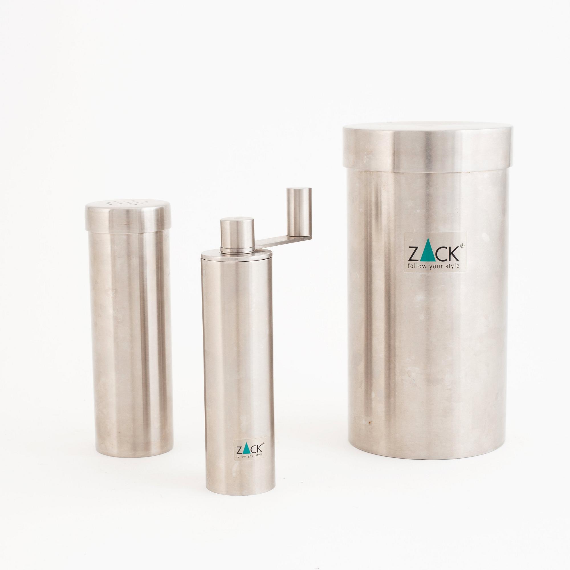 A set of eight stainless steel kitchen objects, 6 marked ZACK.