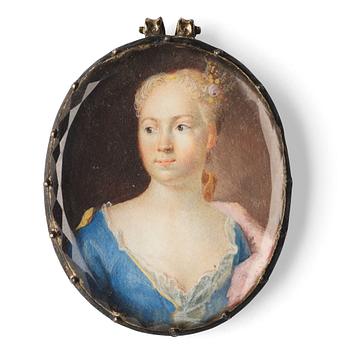 355. UNKNOWN ARTIST 18TH CENTURY. Portrait, lady in a blue dress.