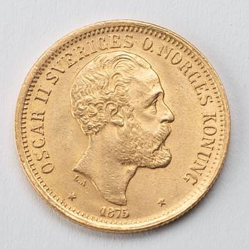 A gold coin, 20 swedish kronor, 1875, weight c 9 g.