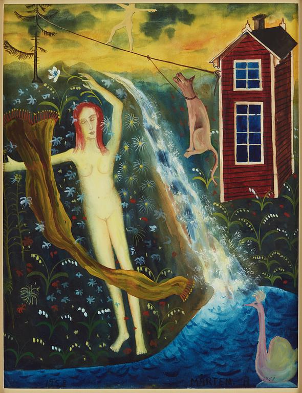 MÅRTEN ANDERSSON, akvarell med täckvitt på papper, signerad Mårten A. och daterad (dubbelt) 1958.