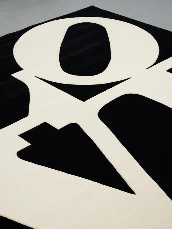 Robert Indiana, A CARPET, "White on Black", Chosen Love, hand tufted in 1995, ca 302 x 305 cm, Robert Indiana.