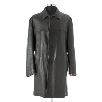 BURBERRY, a black leather overcoat.