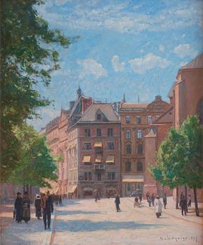 Herman Lindqvist, Summer Day in Kungsträdgården with the Carlsson House (Denmark's House) and St. James's Church.