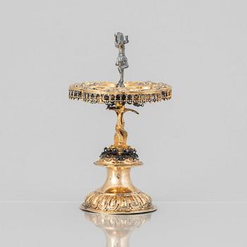 A German parcel-gilt saltcellar/spice rack, makers mark Paulus Braunacker, Nurnberg, probably mid 17th Century.