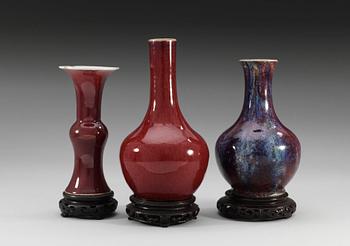A set of three flambé- and copper-red glazed vases, Qing dynasty. (3).