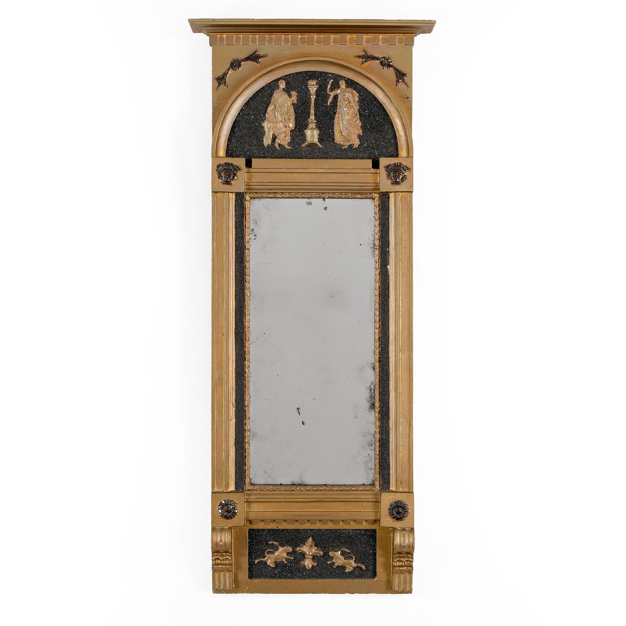 SPEGEL, empire. Märkt Isaac Wilhelm Muhr, Gävle (1779-1827). Med stämpelmärkning och hallstämpel.