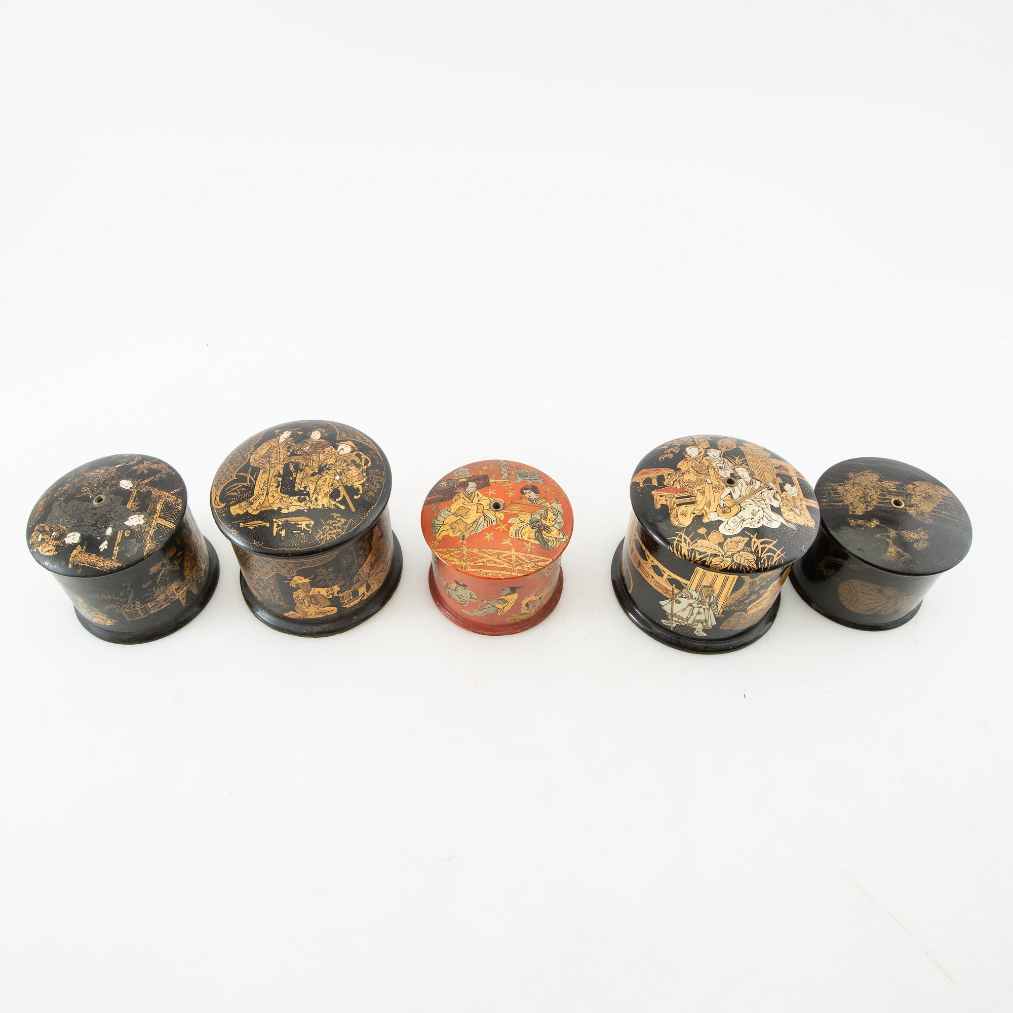 A collection of thread holders, boxes, and a tea caddy, 10 pcs Japan/Europe first half of the 20th century.