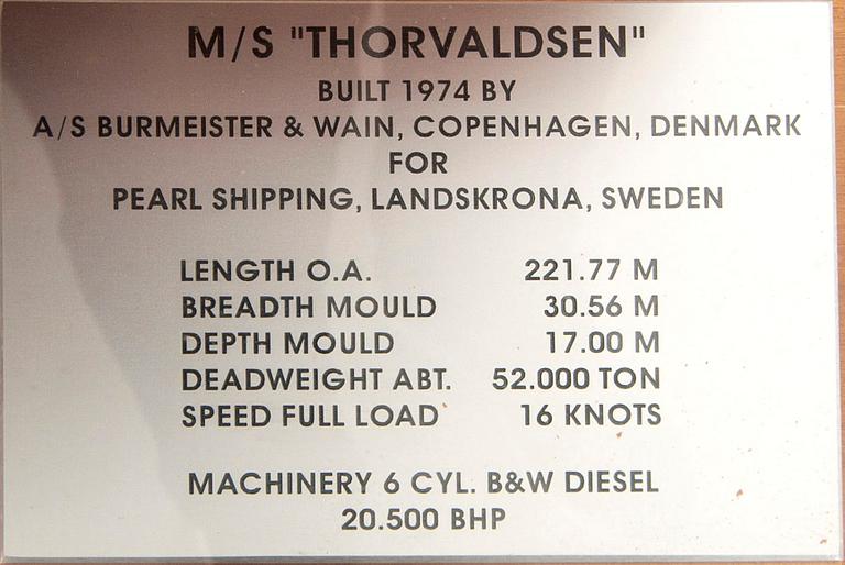 A ship model, M/S Thorvaldsen, launched 1974.