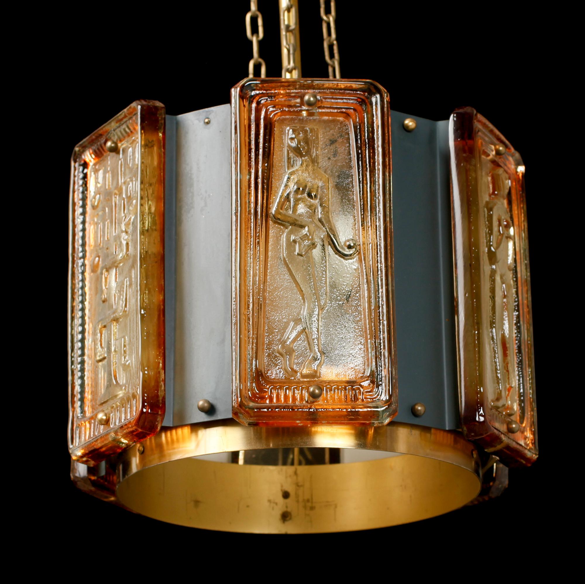 TAKLAMPA, glas och metall, Erik Höglund, 1900-talets mitt. H 48.