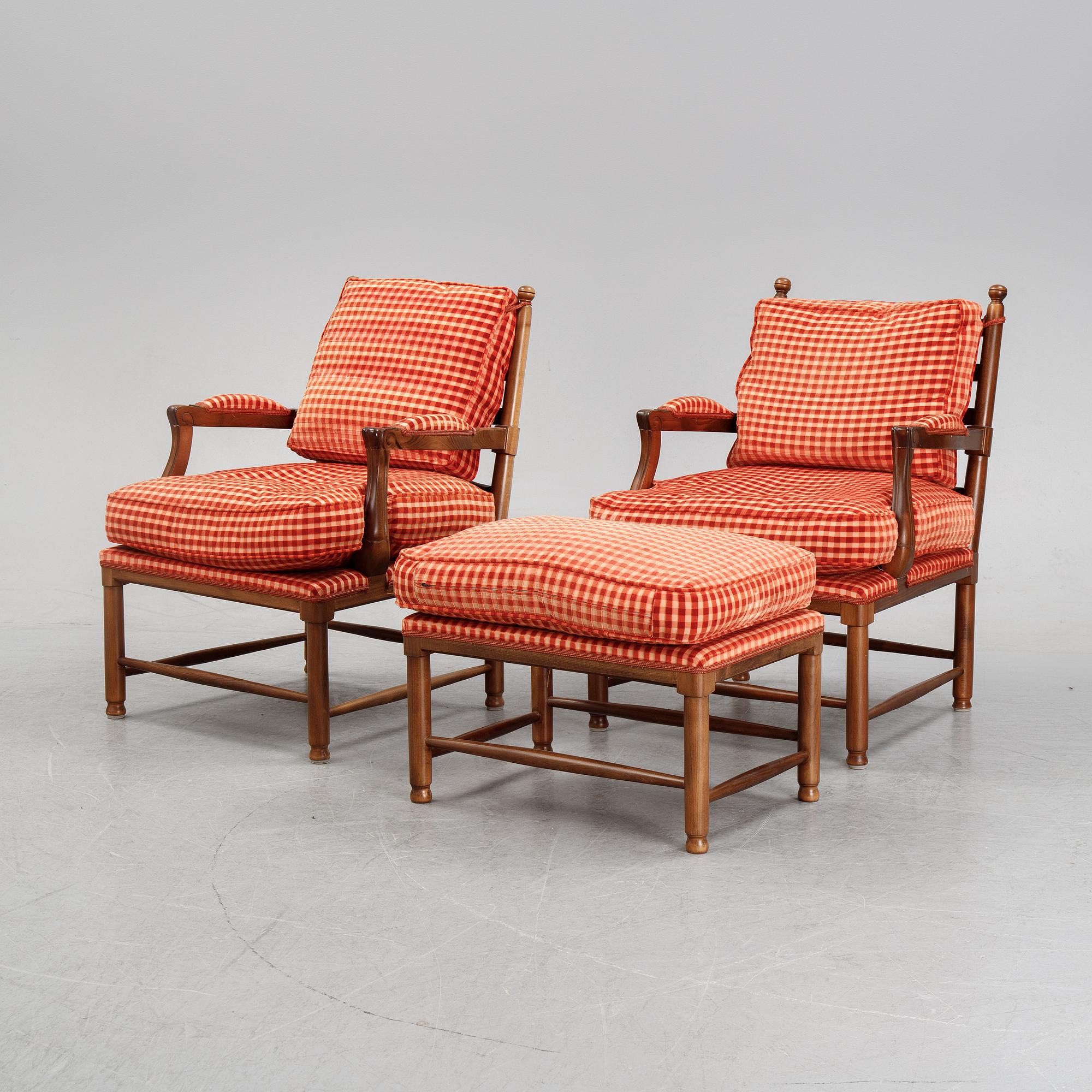 A pair of Gustavian style armchairs with one stool, second half of the 20th Century.