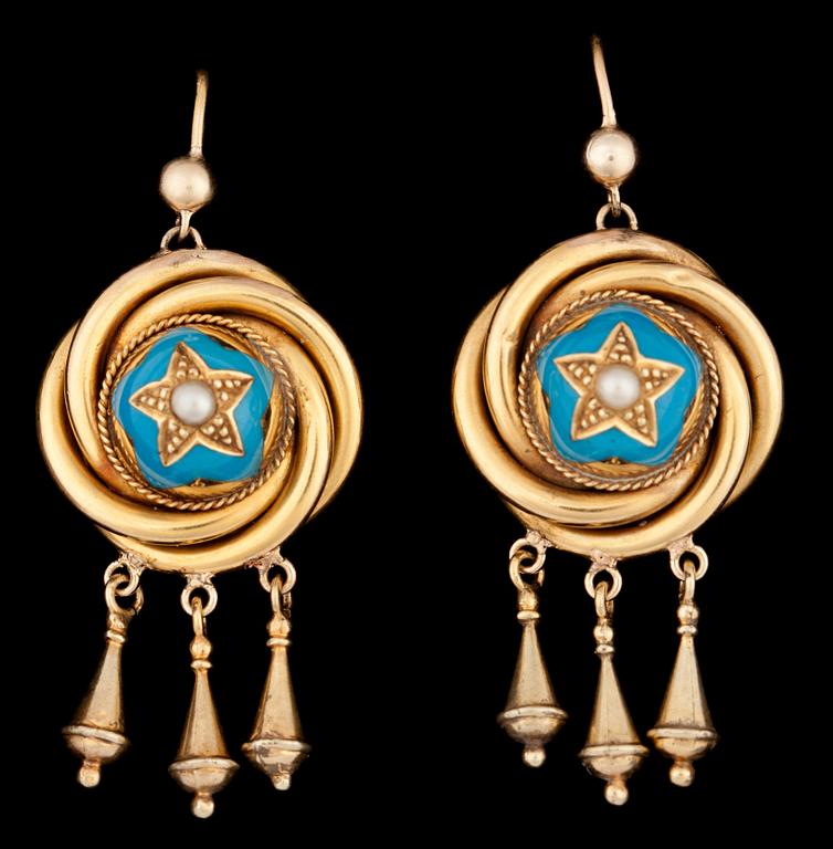 A blue enamel and gold earrings, late 19th century.