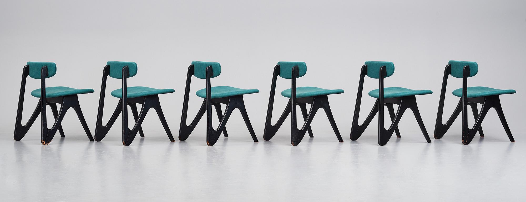 Helge Vestergaard Jensen, a rare set of six chairs, cabinetmaker Thysen Nielsen, Denmark 1954.