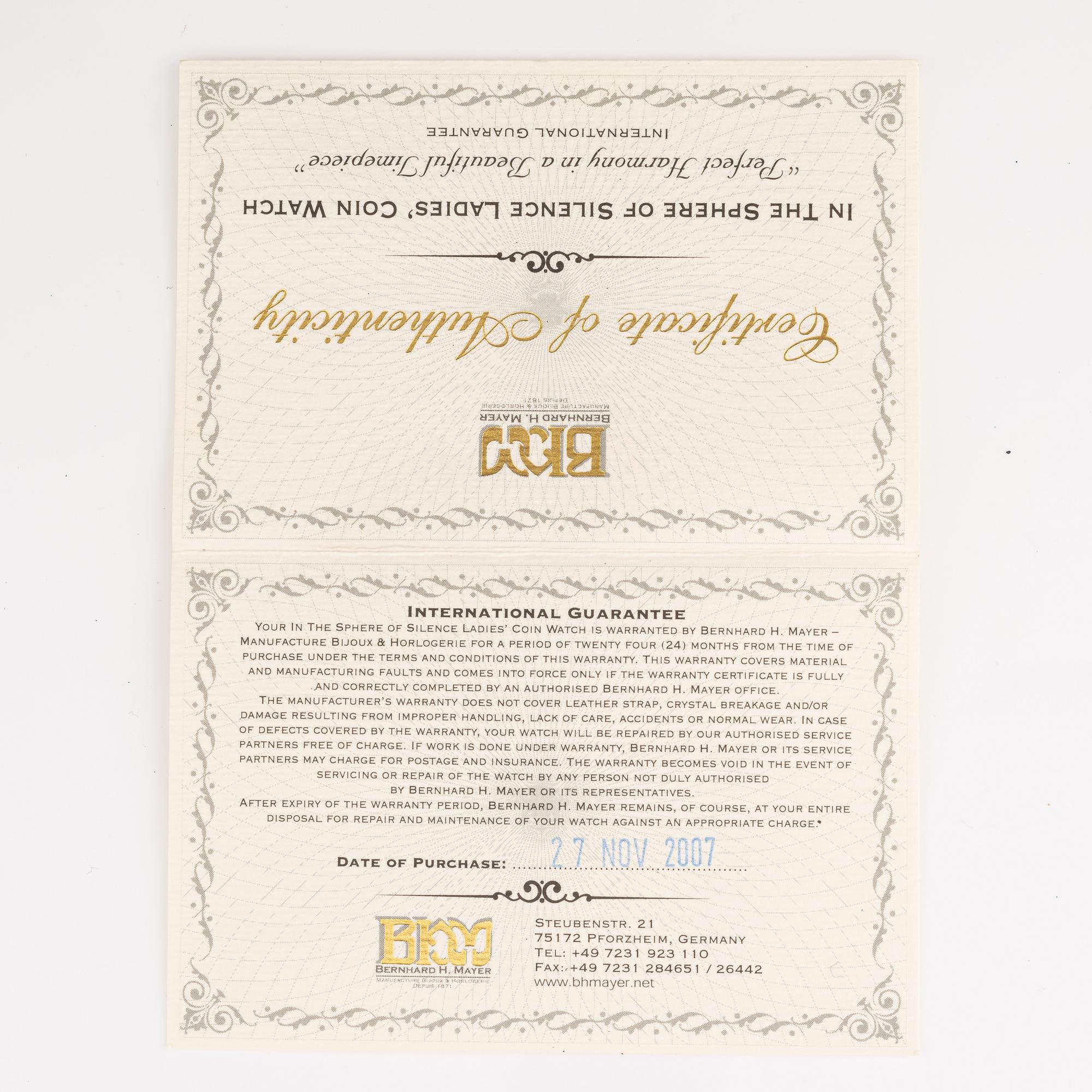 Bernhard H. Mayer, Sphere of Silence Coin Watch, wristwatch, 33.5 mm.