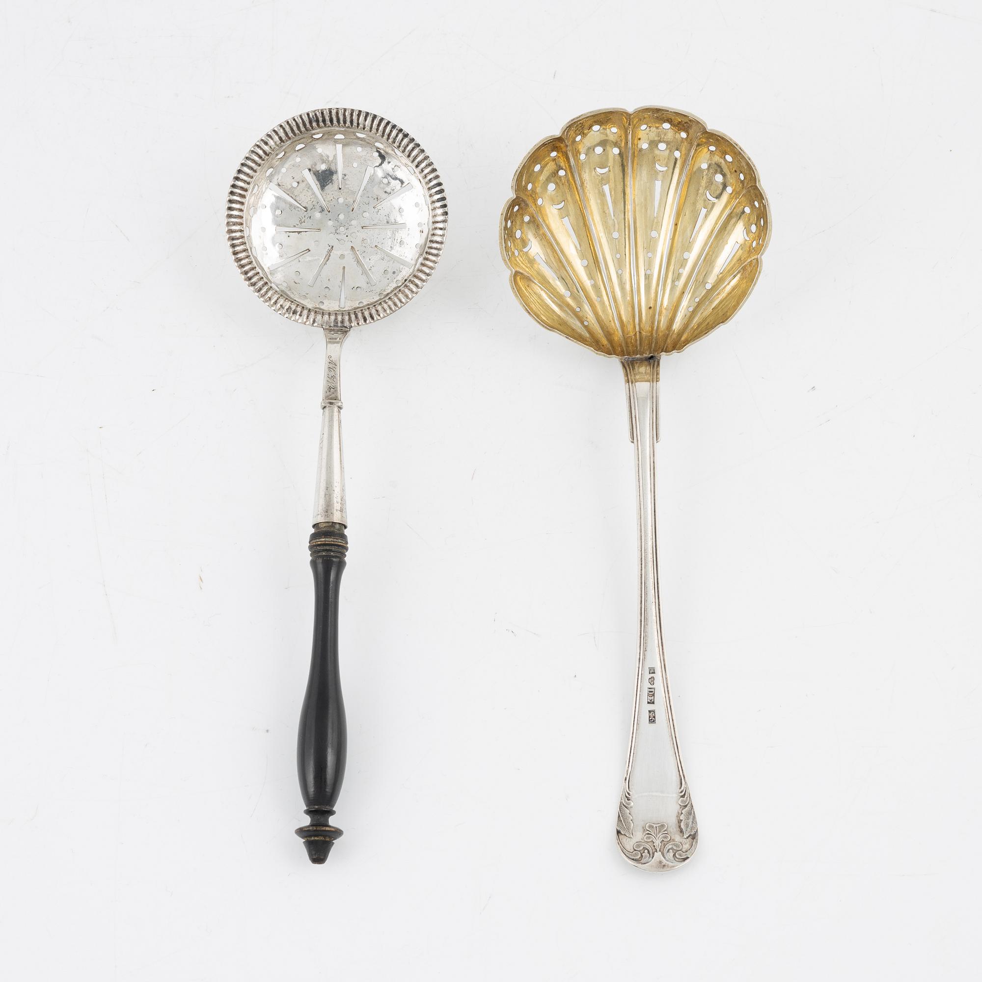 Two Swedish Silver Sprinkle Spoons and Two Dishes.