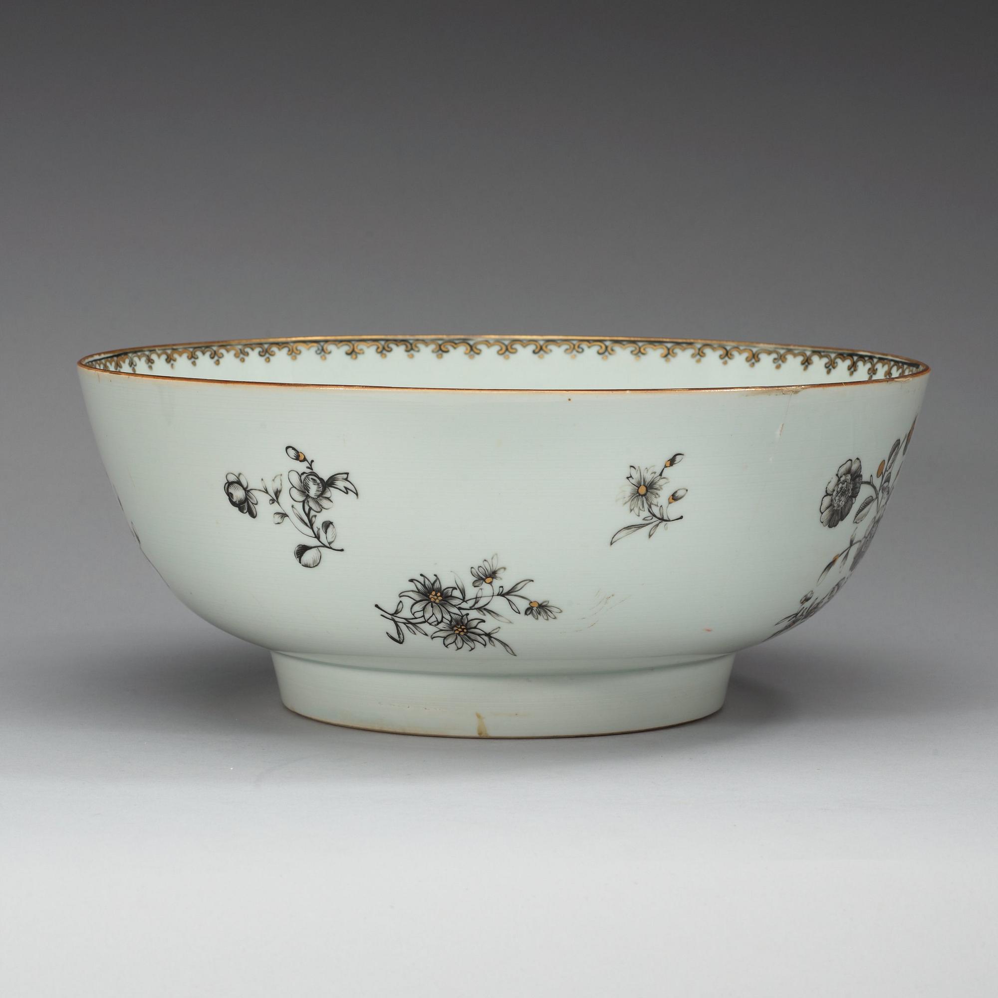 A grisaille punch bowl with a Swedish Bank note, Qing dynasty, Qianlong dated 1762.