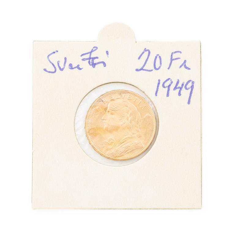 Guldmynt, Schweiz, 20 Franc, 1949.