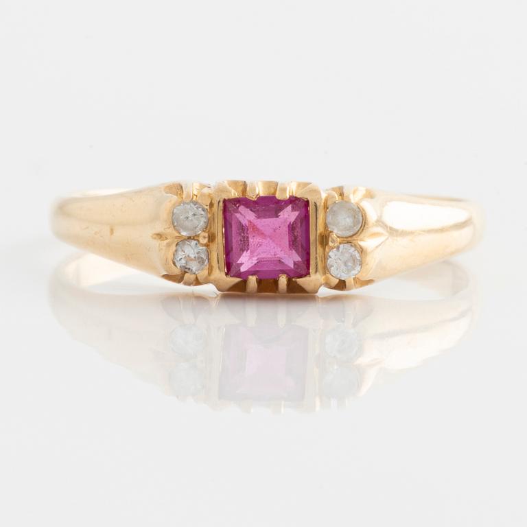 Ring, gold with synthetic pink stone and small white stones.