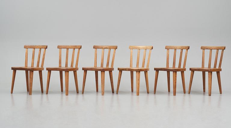 Axel Einar Hjorth, a set of six "Utö" stained pine chairs, Nordiska Kompaniet 1930s.