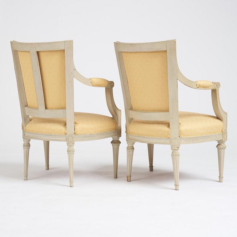 A matched pair of Gustavian armchairs, one signed by Johan Lindgren Stockholm.