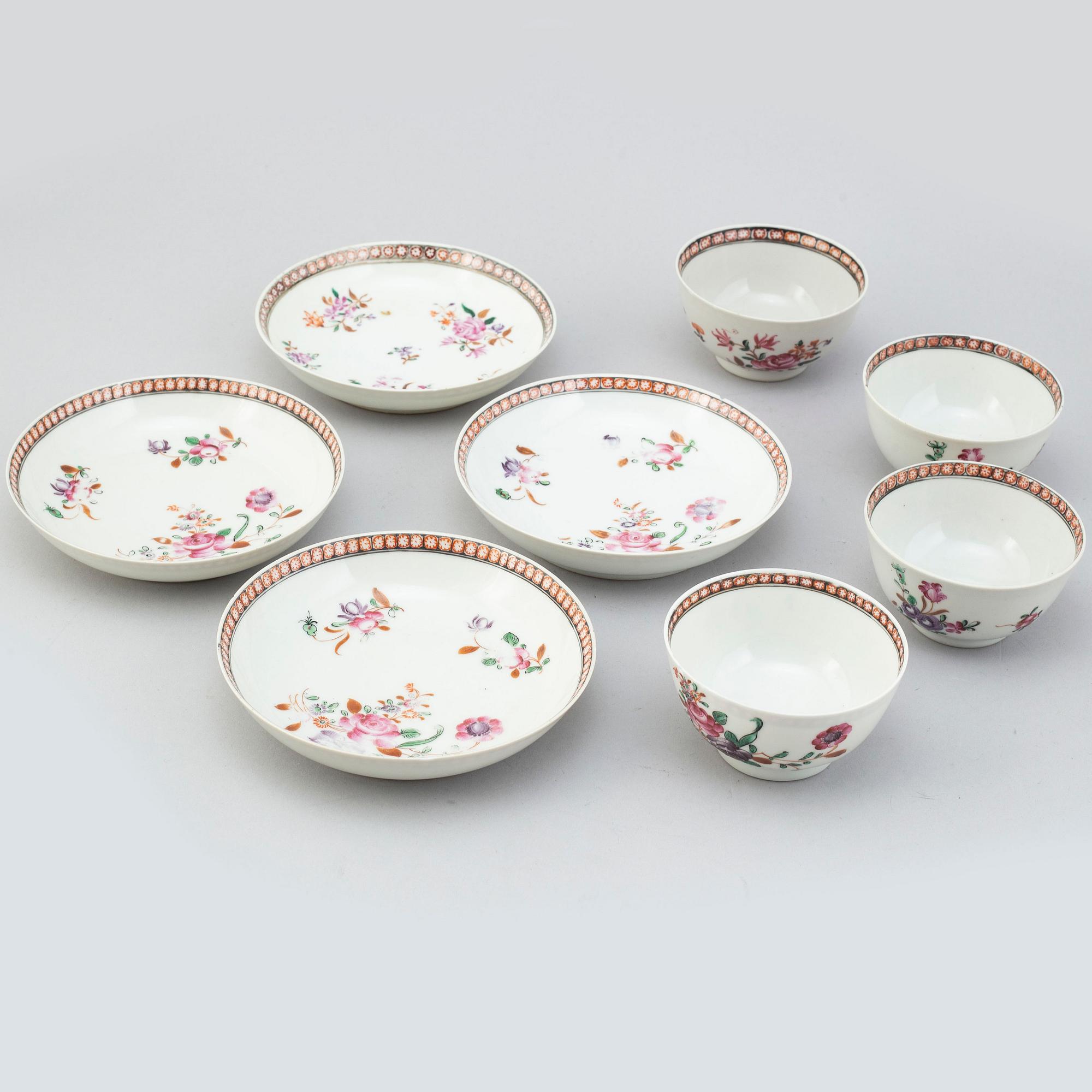 Six (4+2) cups with five (5+1) saucers, and three blue and white bowls, Qing dynasty, Qianlong (1736-95).