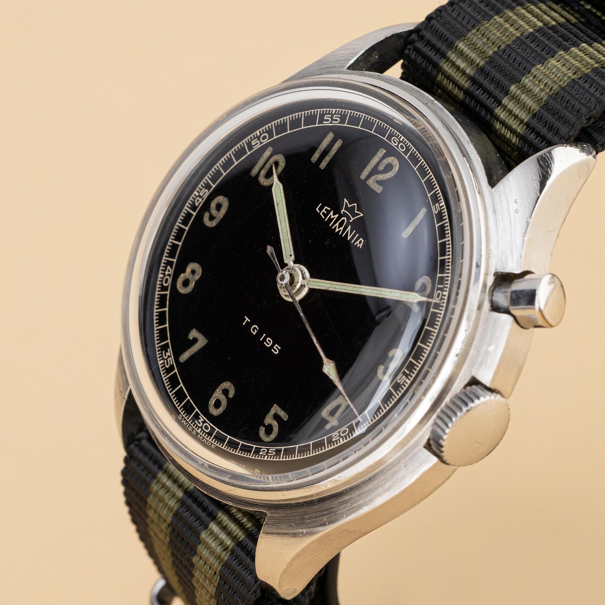 Lemania, TG 195, "Glossy Capital TG Dial", "Military Collection", "Tre Kronor/Three Crowns", ca 1954.