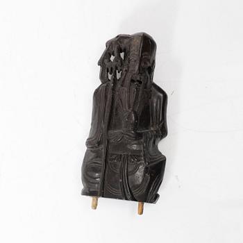 A Chinese green stone brush washer, a carved bone and a soapstone figure, partly Qing dynasty.